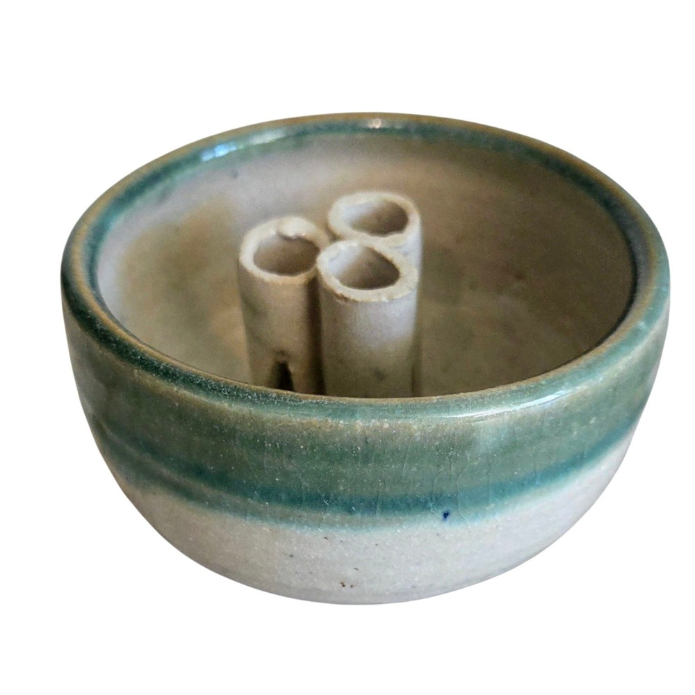 Studio Art Pottery Hand Thrown Ikebana Vase‎ with Flower Frog Signed Teal Green
